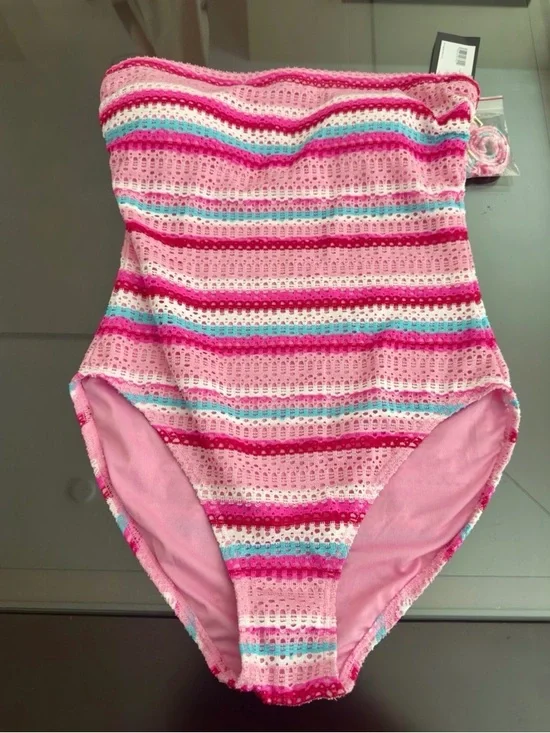 Kate Spade Bandeau One Piece Swimsuit Pink Stripe Eyelet Sz M NWT - Picture 4 of 7